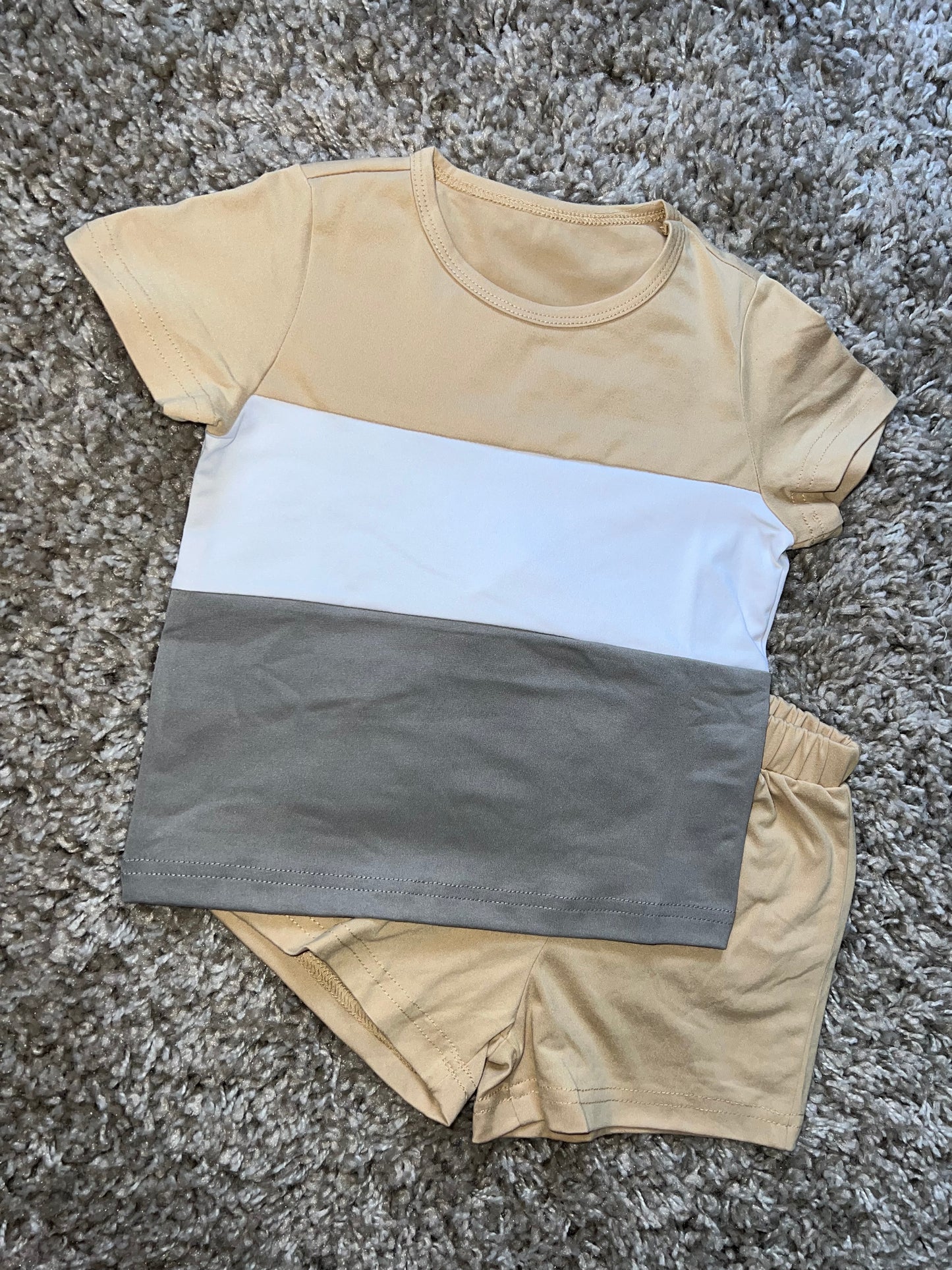 Beige Striped Shorts Set