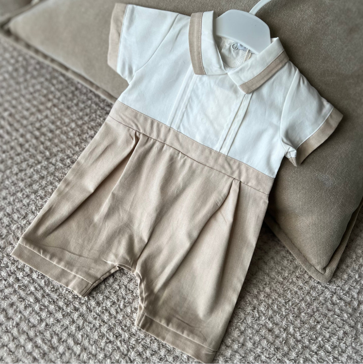 Beige & White Collared Romper