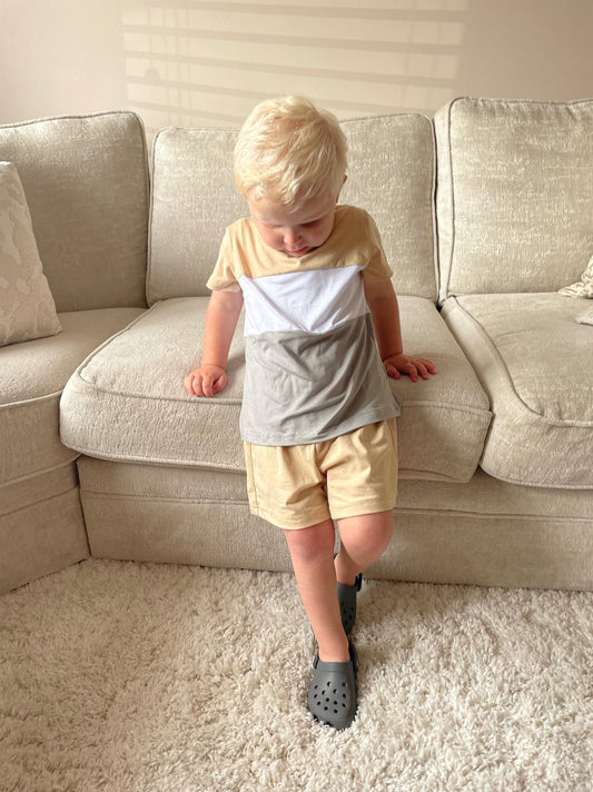Beige Striped Shorts Set